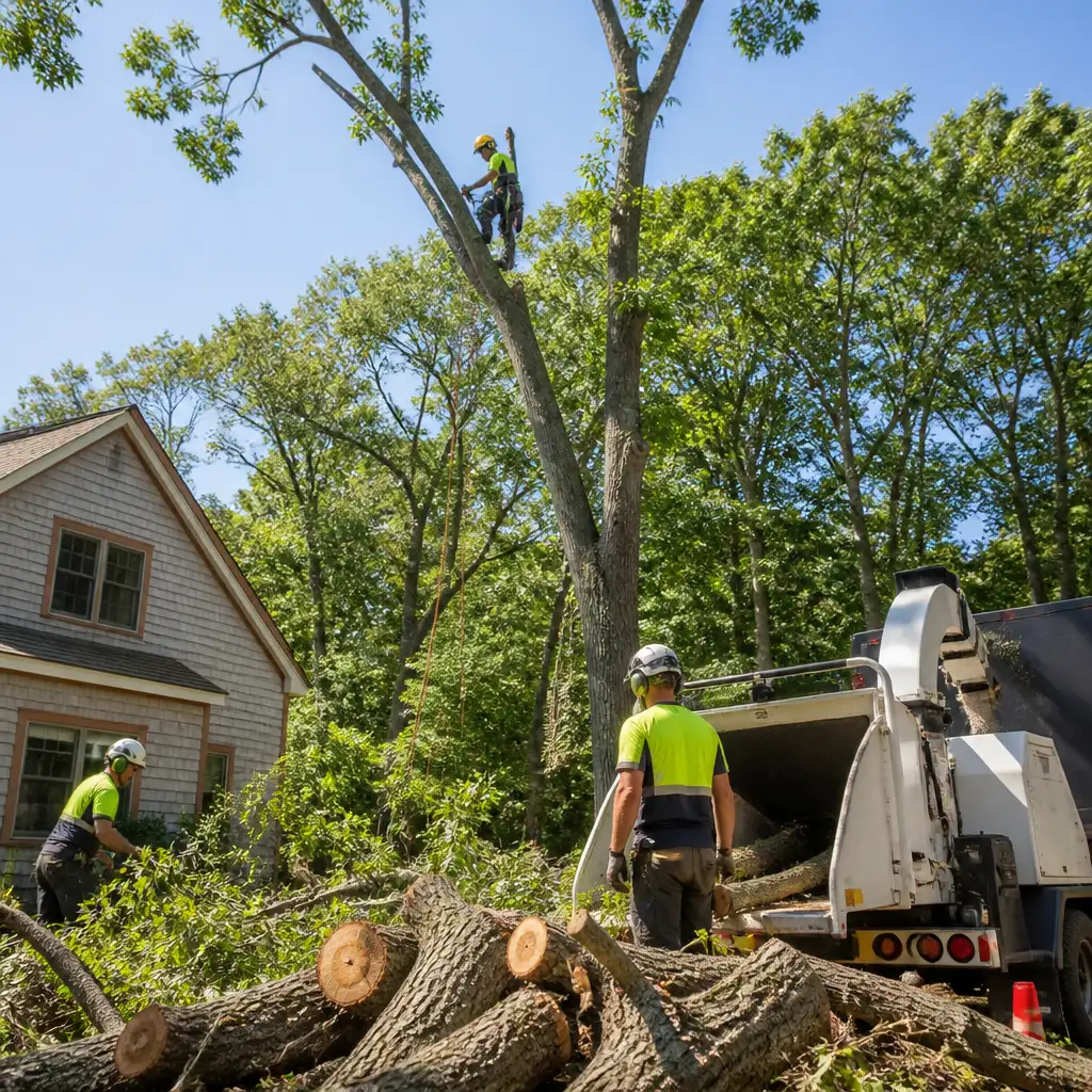 Arborists cutting tree with chipper beside house and stacked logs