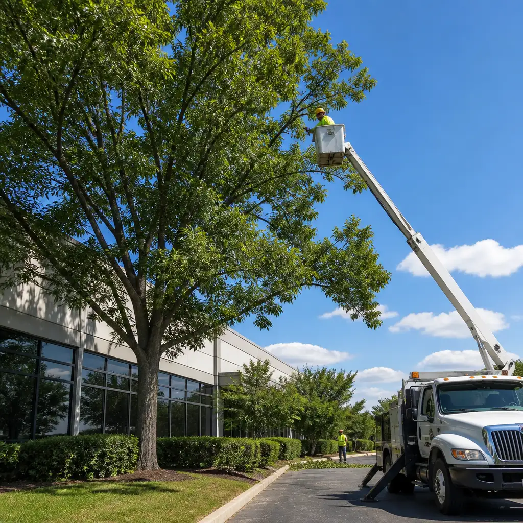 Worker in bucket truck trimming tree beside office building