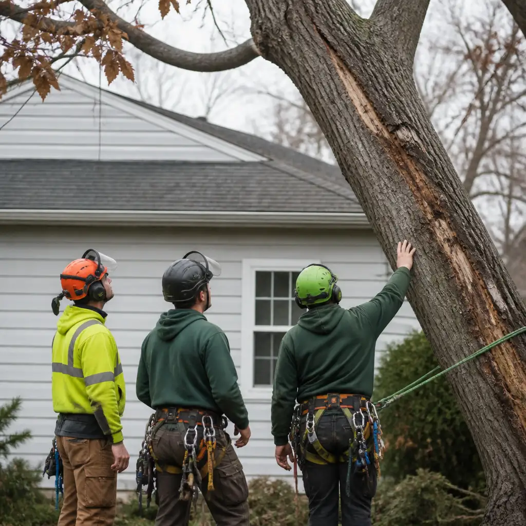 Three arborists in helmets inspecting cracked leaning tree near house