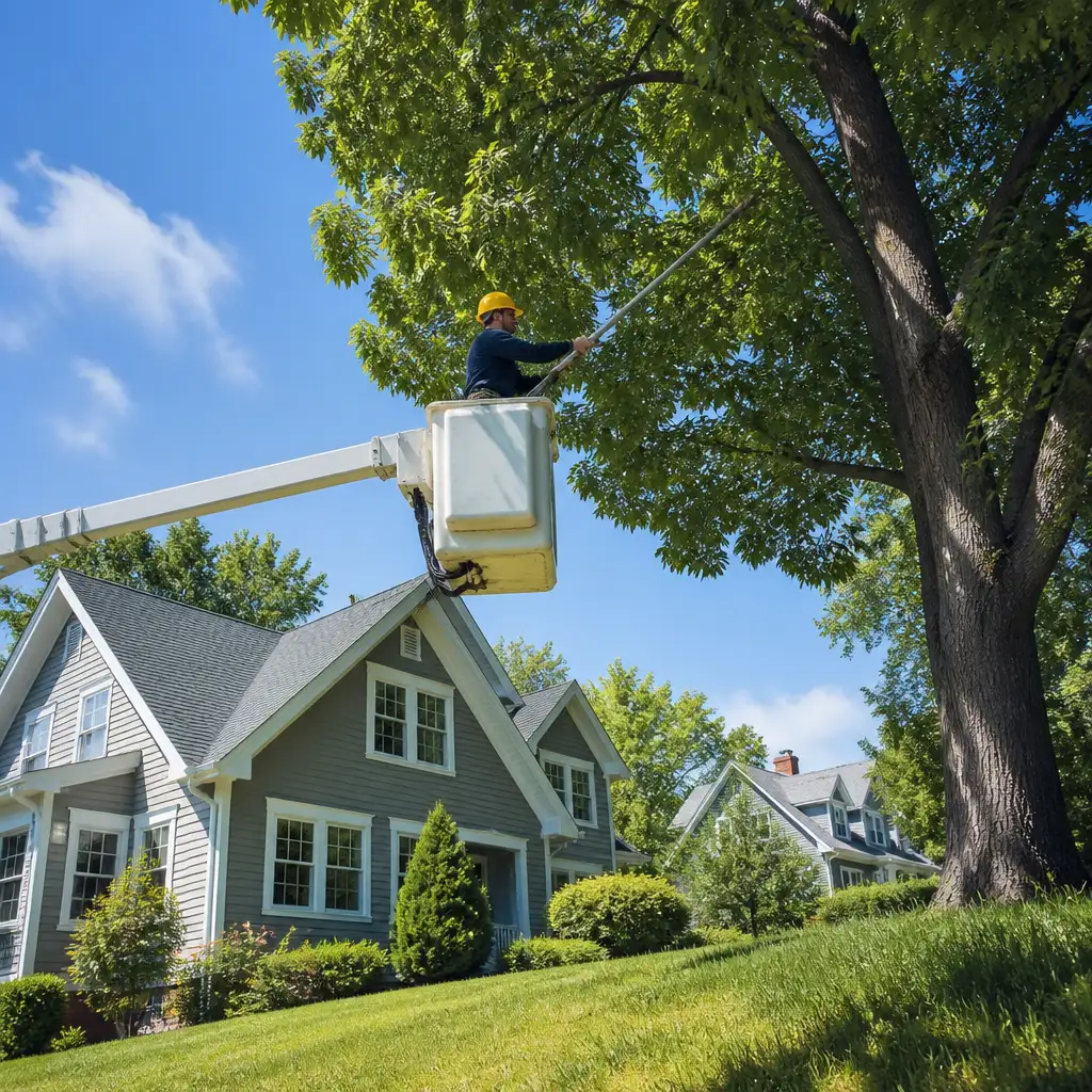 Worker in bucket lift trimming large tree beside house