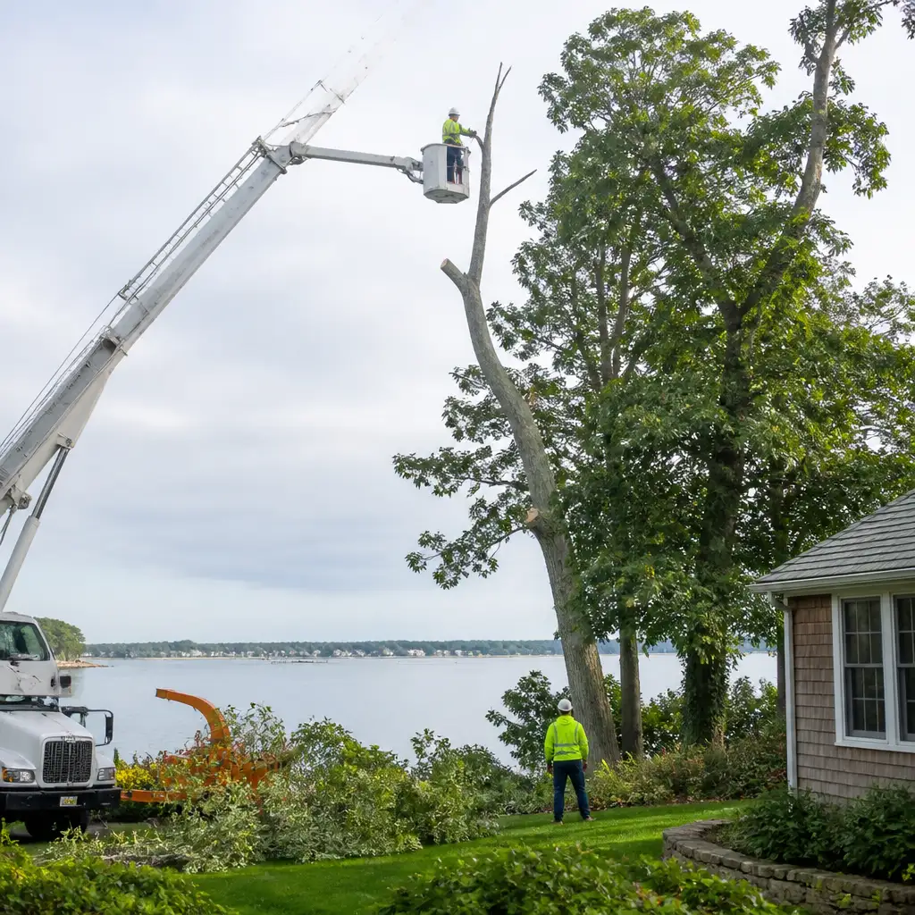 Worker in bucket lift trimming tall tree beside waterfront home