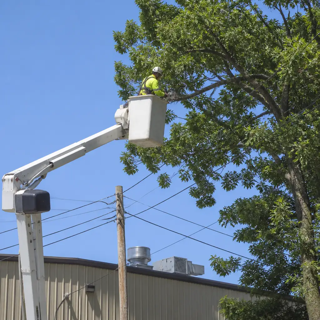 Worker in bucket trimming tree near utility lines