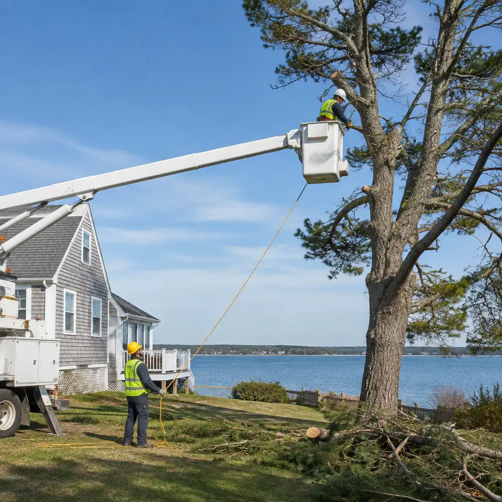 Worker in bucket truck trimming tree near waterfront house