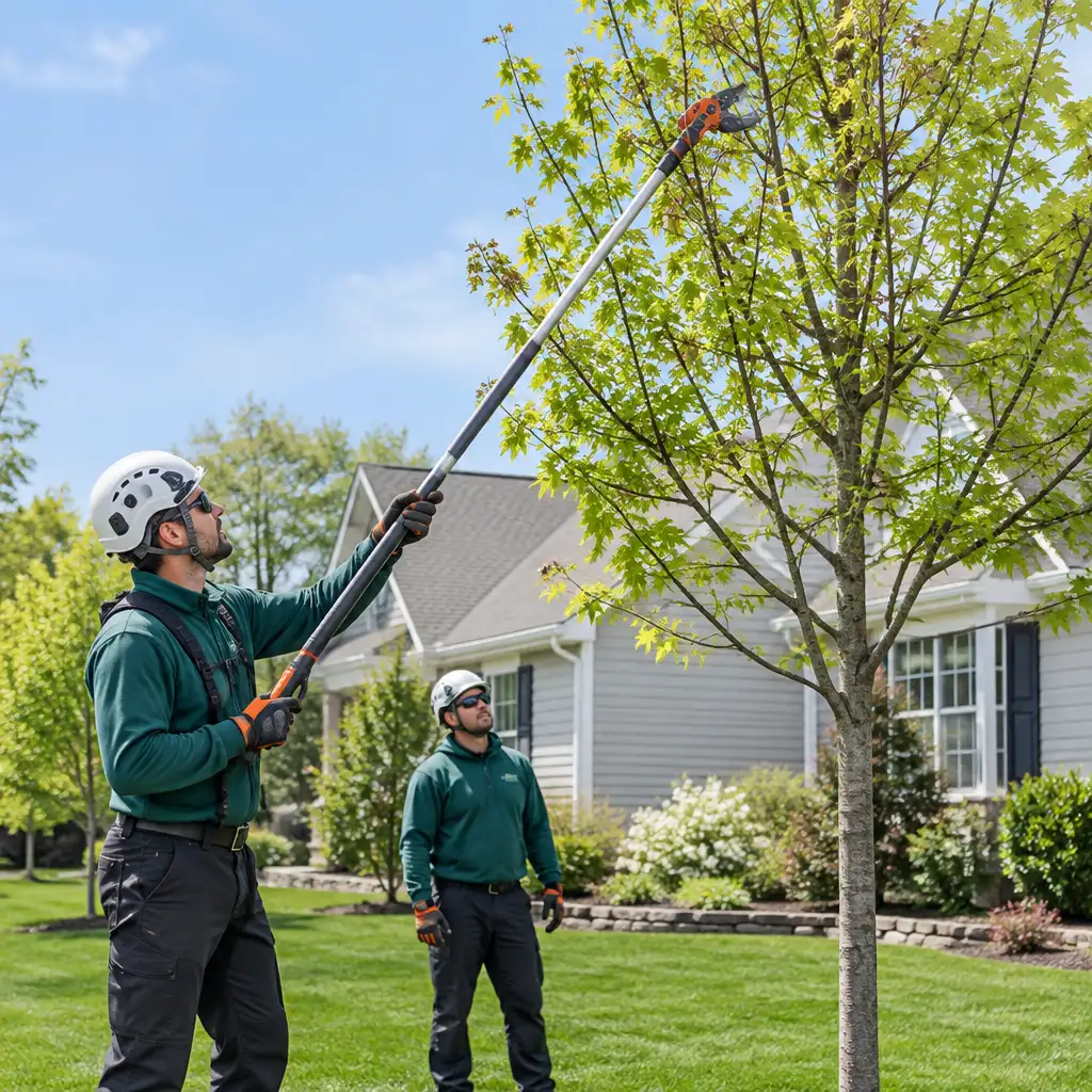 Two workers trimming young tree with pole pruner near house