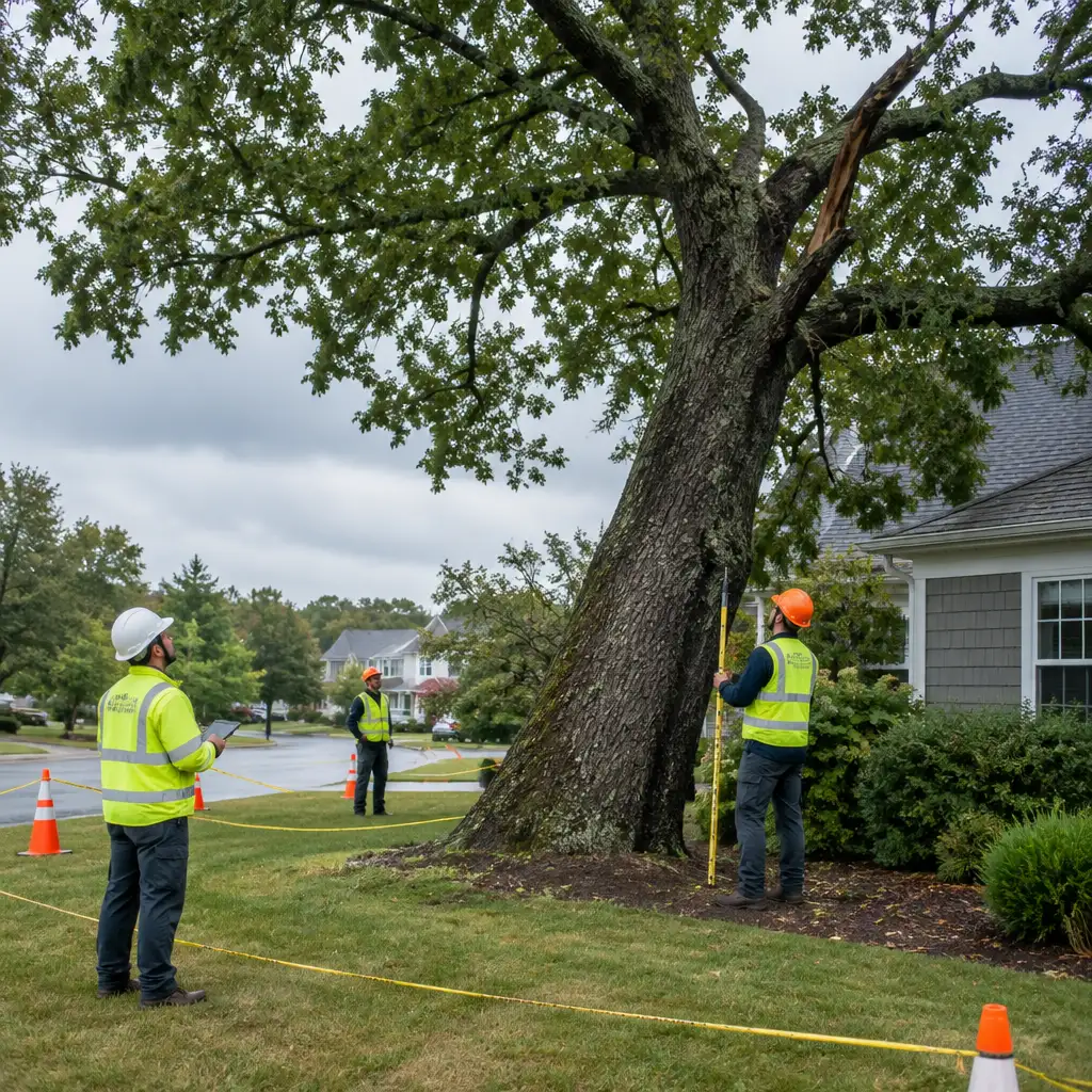Three workers in safety gear measuring a leaning oak tree