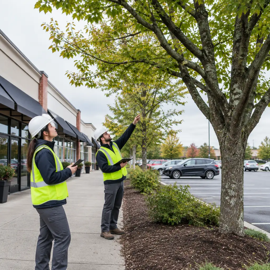 Two workers wearing hard hats and vests examining tree