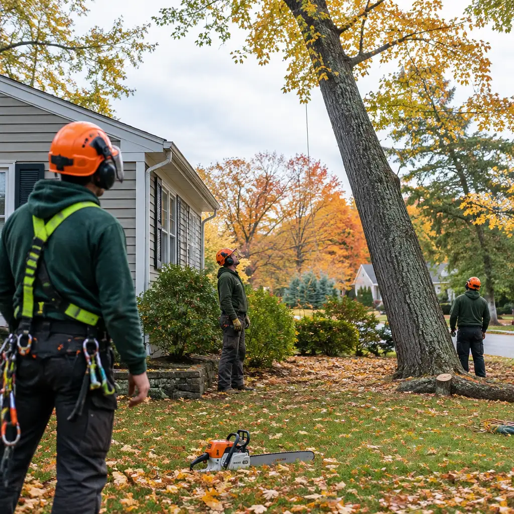 Three workers in helmets by leaning tree with chainsaw