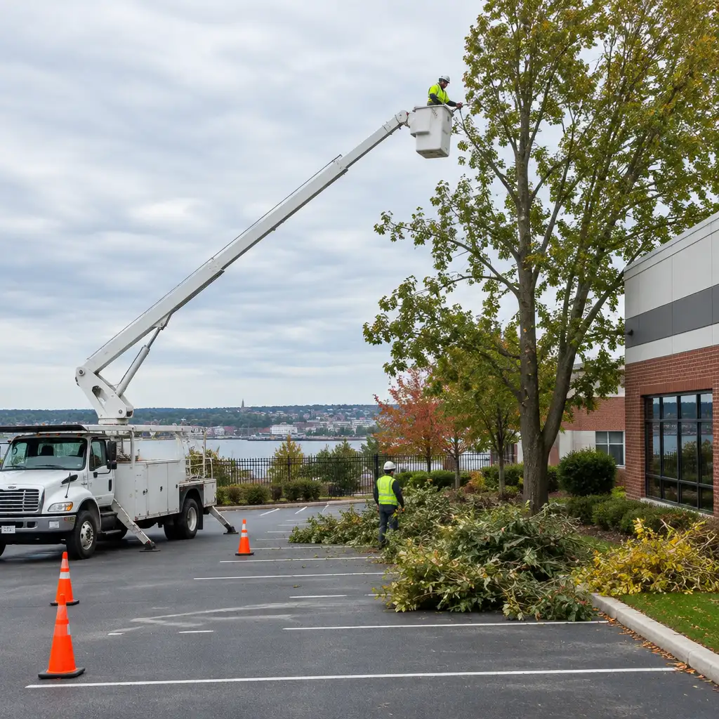 Worker in bucket truck trimming tree, branches stacked, safety cones