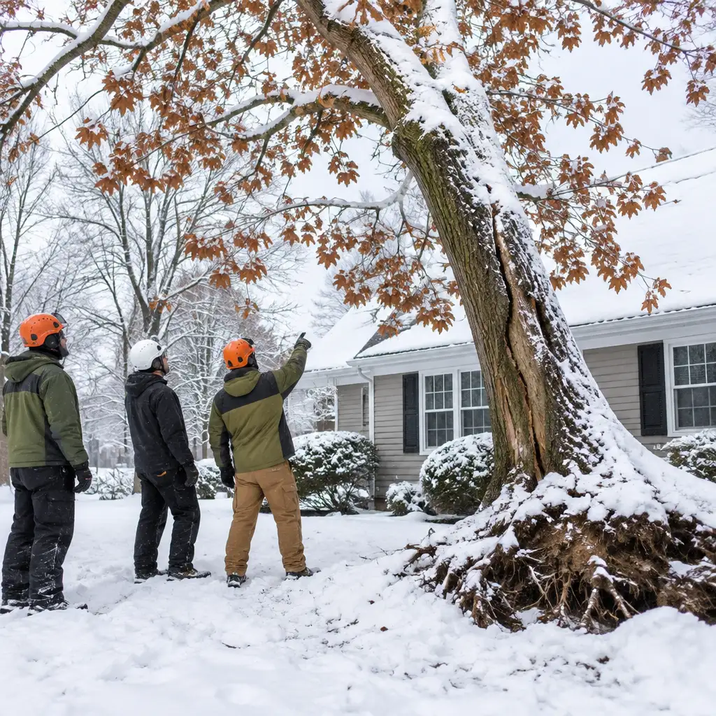 Three helmeted workers inspecting snow-covered leaning tree with exposed roots