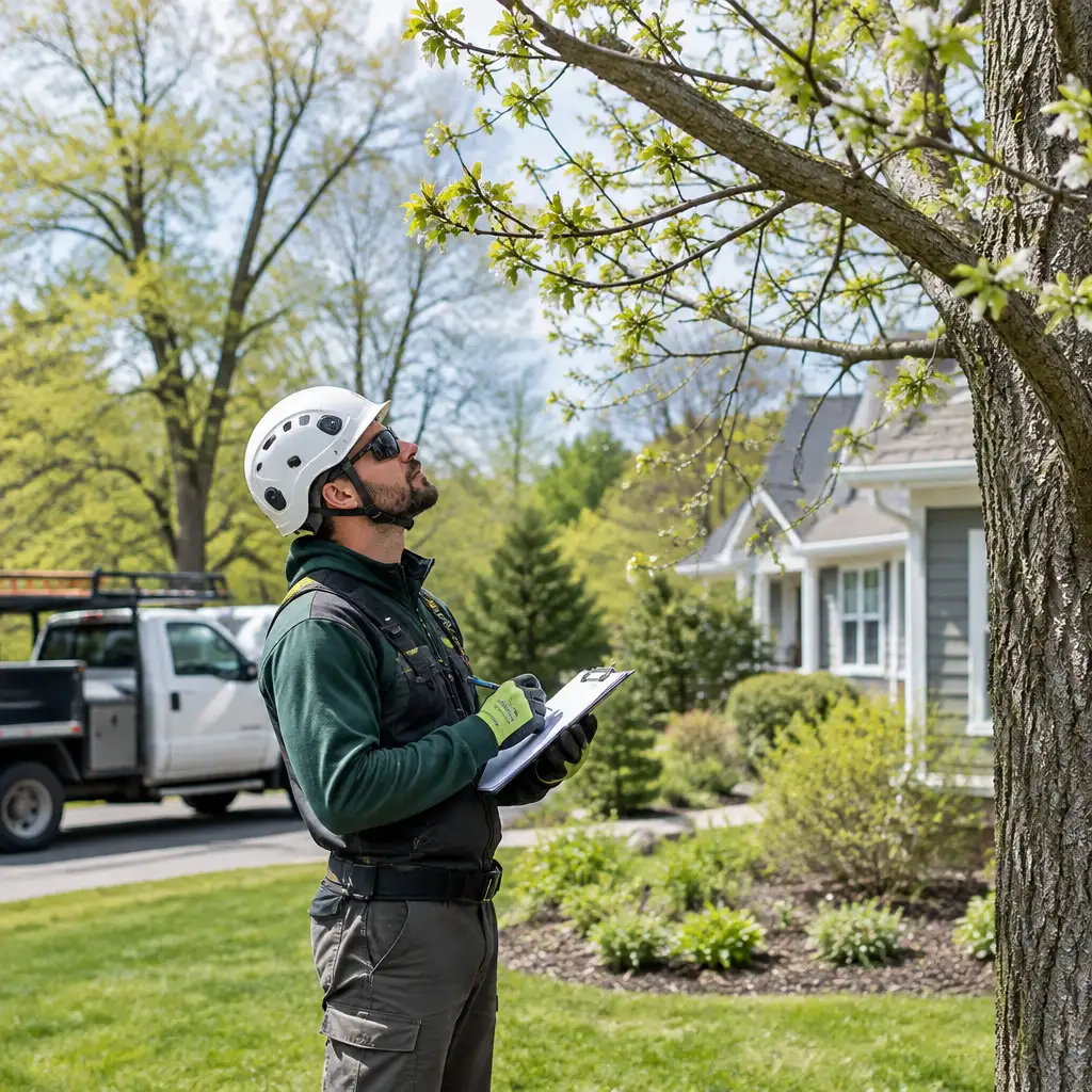 Arborist wearing helmet and gloves inspecting tree with clipboard