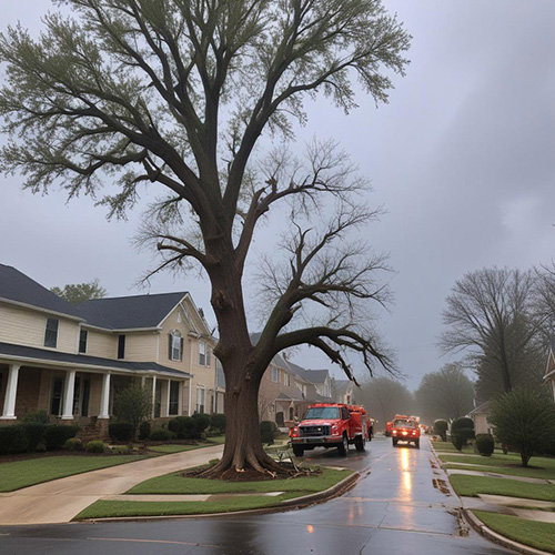 Fire truck in front of a tree in a neighborhood
