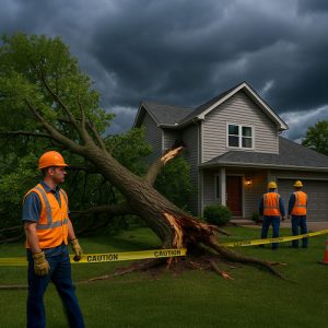Crew responding to storm-damaged tree at a house.