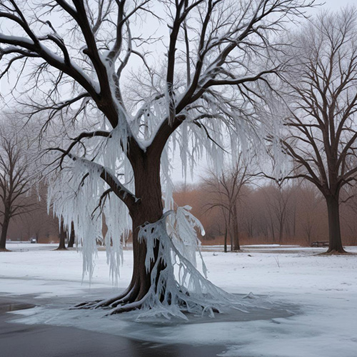 Frozen tree covered in ice during winter in Rehoboth, MA.