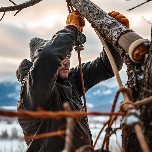Man securing a tree branch with ropes in snowy landscape