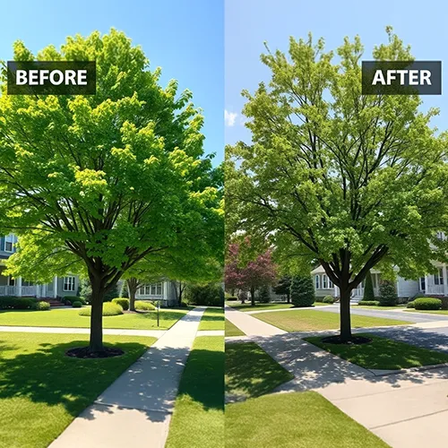 Before and after tree trimming in neighborhood yard.