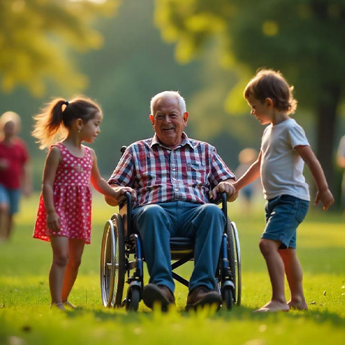 Smiling elderly man in wheelchair with children outdoors