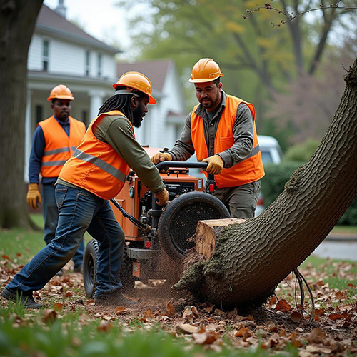 Workers cutting a fallen tree trunk with equipment.