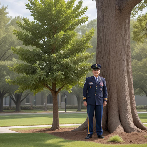 Veteran standing by a large tree on sunny Somerset lawn.
