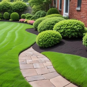 Well-maintained garden with curved pathway and bushes