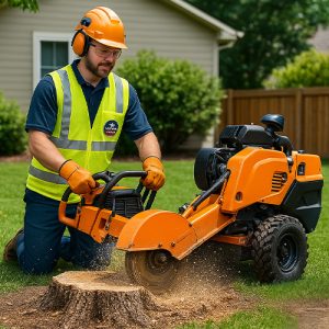Operator grinding a stump in a backyard.