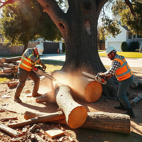 Workers cutting tree logs with chainsaws outdoors