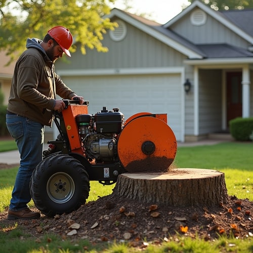 Worker using stump grinder on yard stump