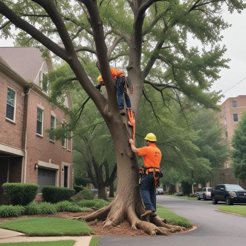 Arborists climbing tree for removal near residential area