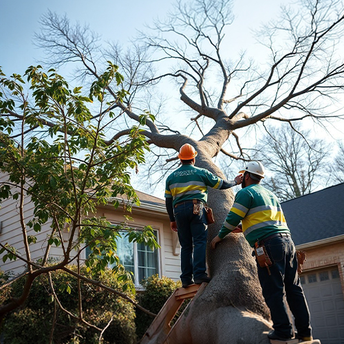 Workers inspecting damaged tree beside house