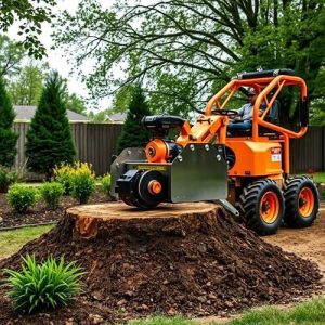 Stump grinding machine in action on large tree base.