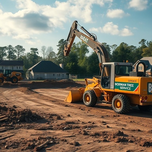 Excavator clearing land in residential neighborhood