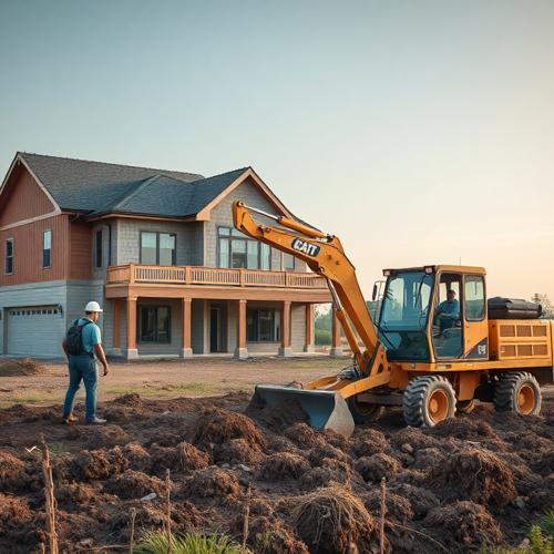 Excavator clearing land near a residential home