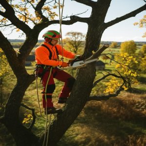 Tree removal worker using chainsaw while secured with safety ropes