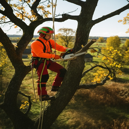 Tree removal worker using chainsaw while secured with safety ropes