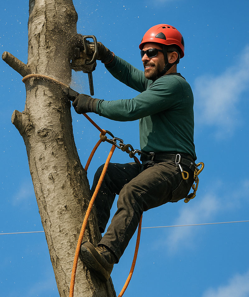 Safety First - a tree removal expert climbs a tree