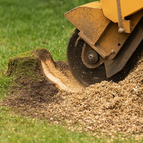 Stump grinder cutting through tree stump with wood chips flying