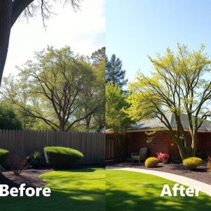 Backyard before and after professional tree removal.