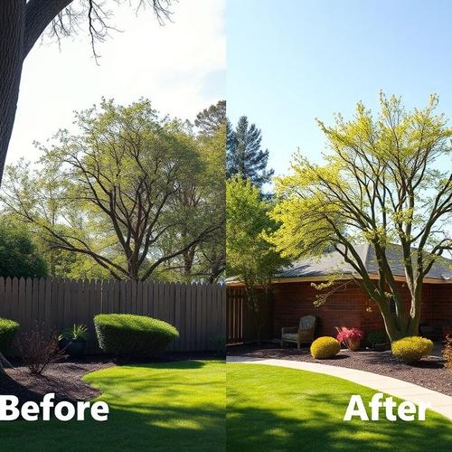 Backyard before and after professional tree removal.