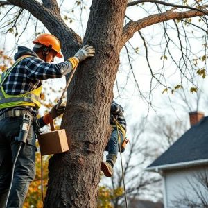 Worker cutting tree near residential home