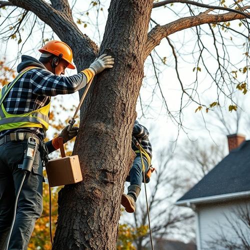Worker cutting tree near residential home