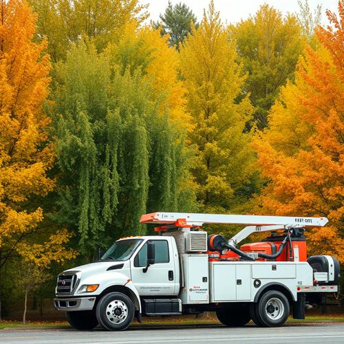 Tree service truck parked near autumn trees