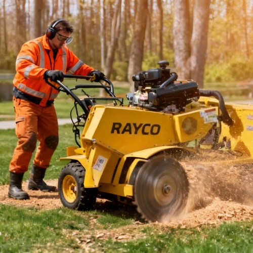 Tree service worker using stump grinder on lawn