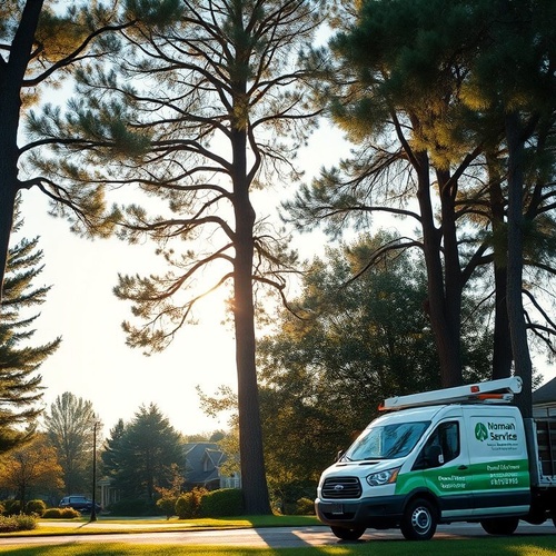 Tree service truck parked under tall pines
