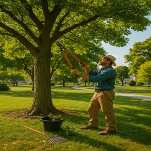 Man pruning a tree branch in a sunny urban park