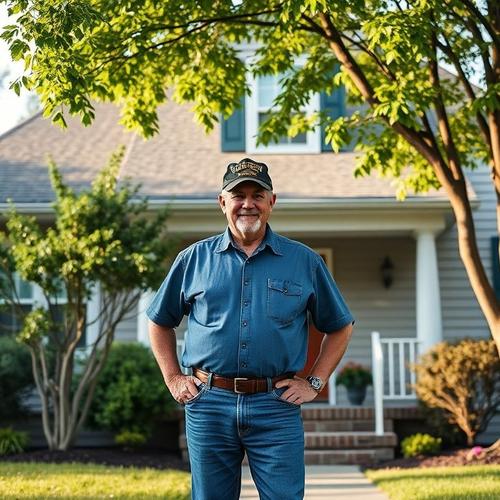 Veteran standing proudly in front yard with trees.